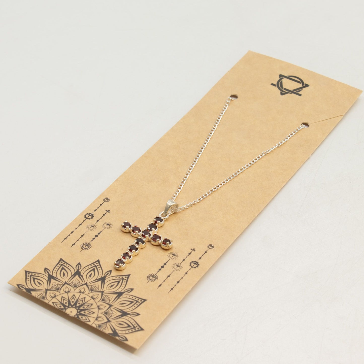Indian Devotional Pendant - Silver Plated (45cm Chain)- Garnet Crucifix