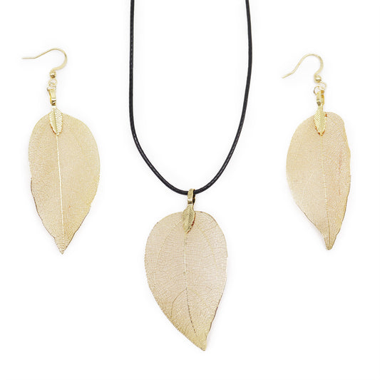Gold Bravery Leaf Necklace & Earring Set