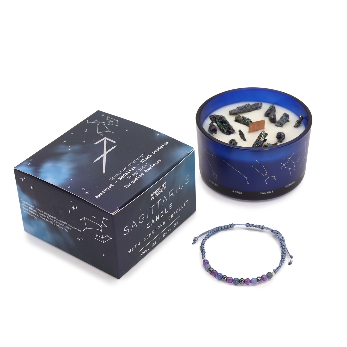 Zodiac Crystal Soy Candle with Crystal Bracelet - Sagittarius