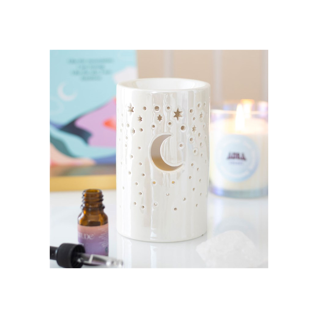 Iridescent White Moon Pillar Oil Burner and Wax Warmer