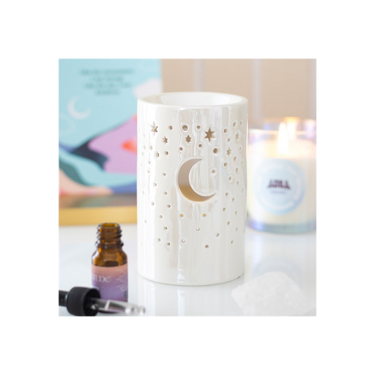 Iridescent White Moon Pillar Oil Burner and Wax Warmer