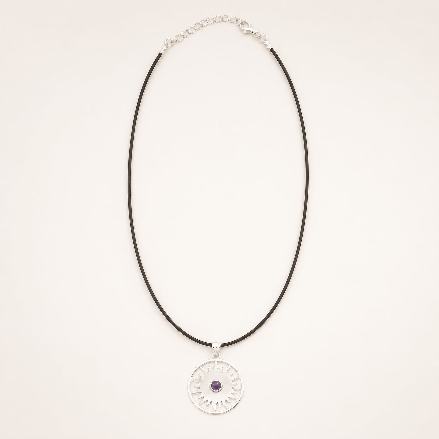 Indian Devotional Pendant - Silver Plated (45cm Cord)- Sun Worship Amethyst