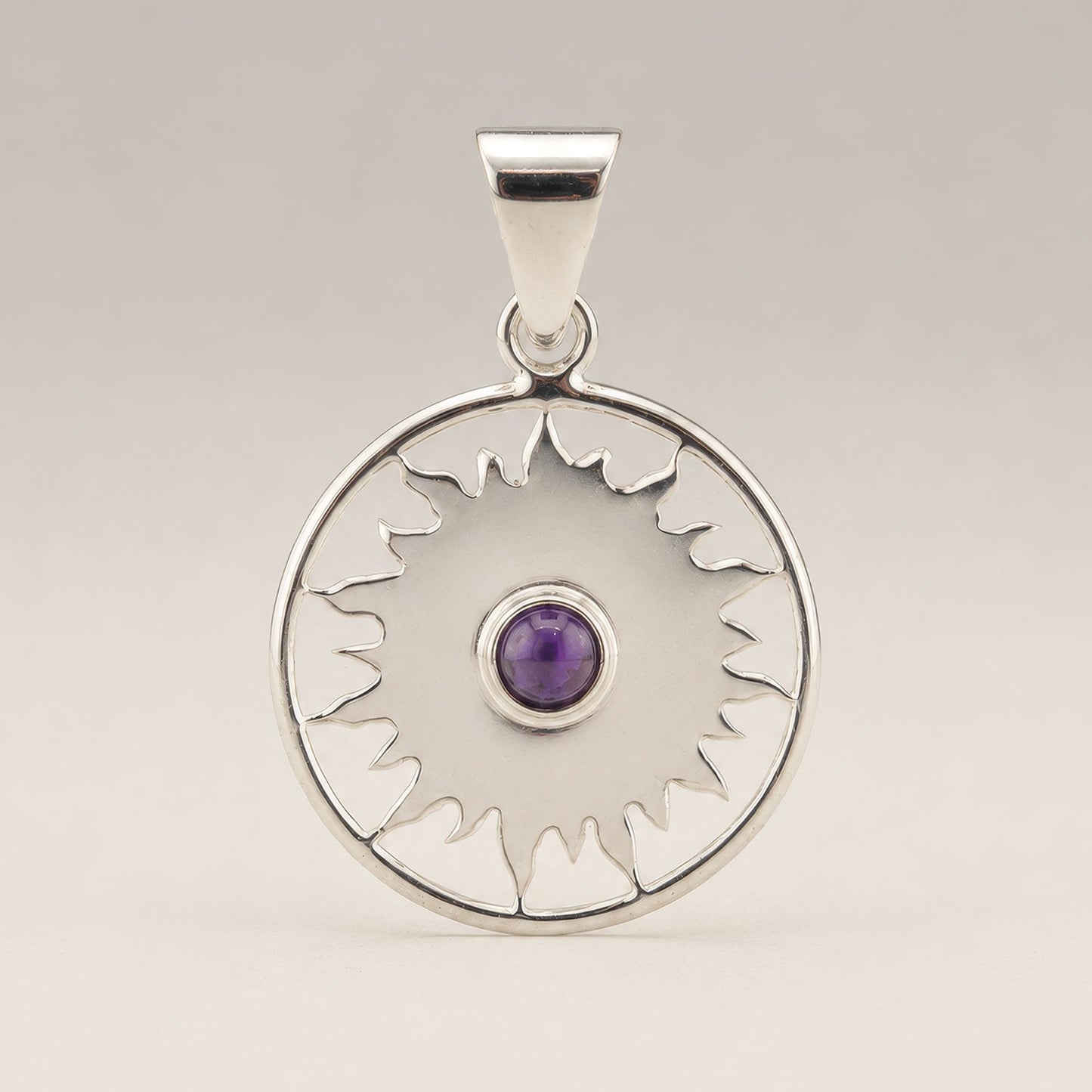 Indian Devotional Pendant - Silver Plated (45cm Cord)- Sun Worship Amethyst