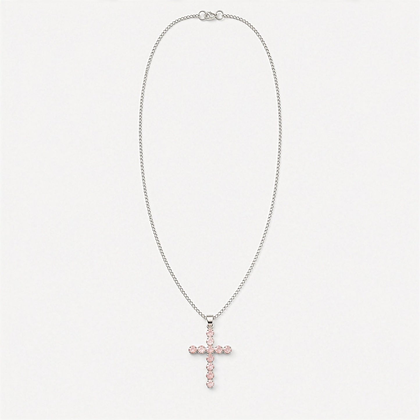 Indian Devotional Pendant - Silver Plated (45cm Chain)- Rose Quartz Crucifix