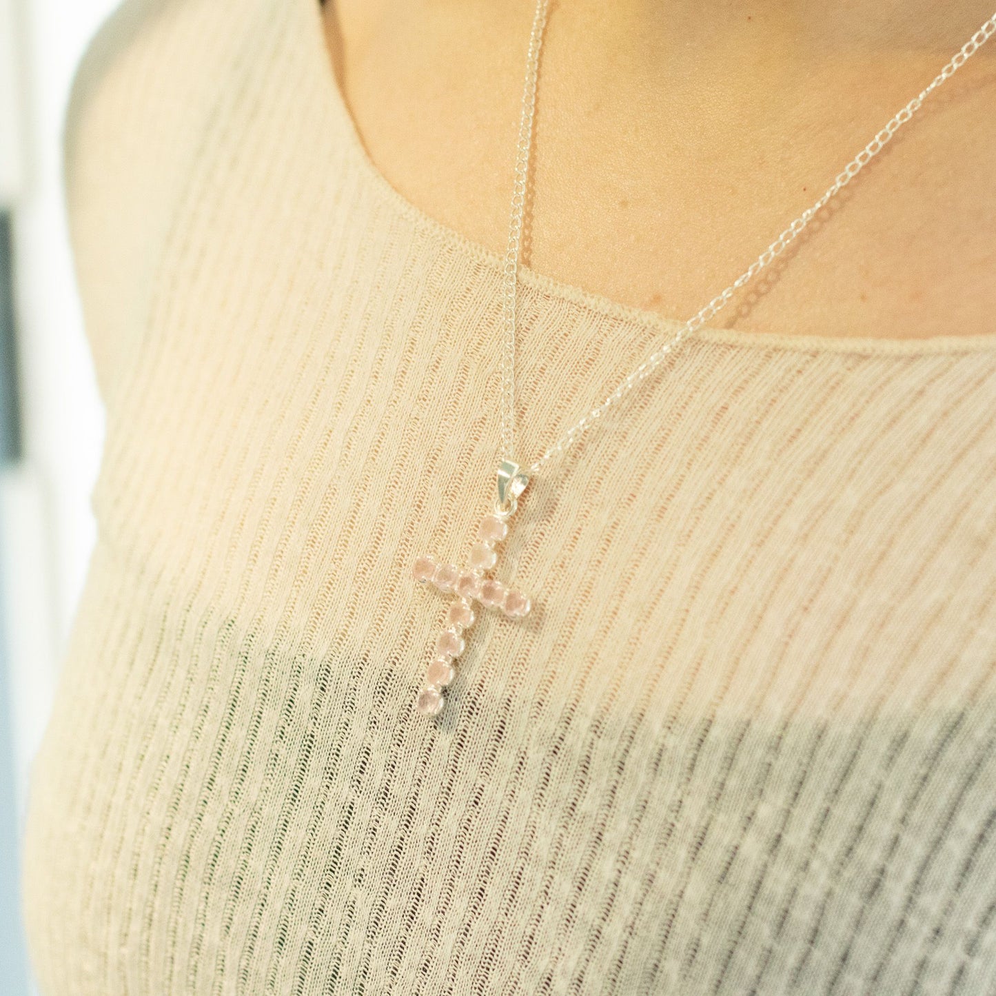 Indian Devotional Pendant - Silver Plated (45cm Chain)- Rose Quartz Crucifix