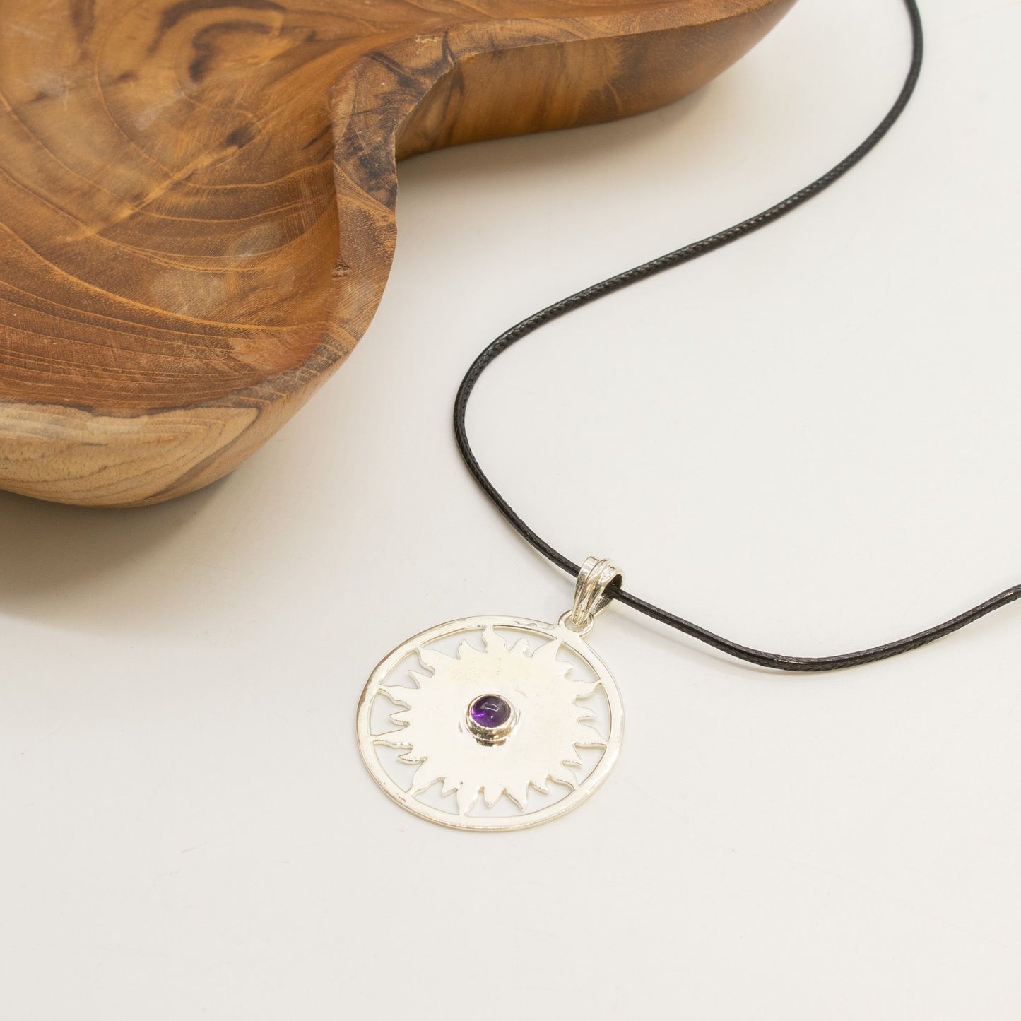 Indian Devotional Pendant - Silver Plated (45cm Cord)- Sun Worship Amethyst