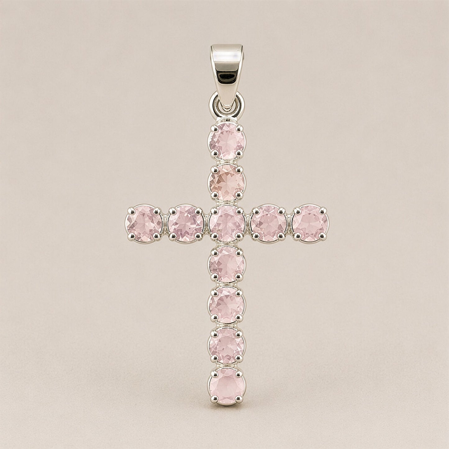 Indian Devotional Pendant - Silver Plated (45cm Chain)- Rose Quartz Crucifix