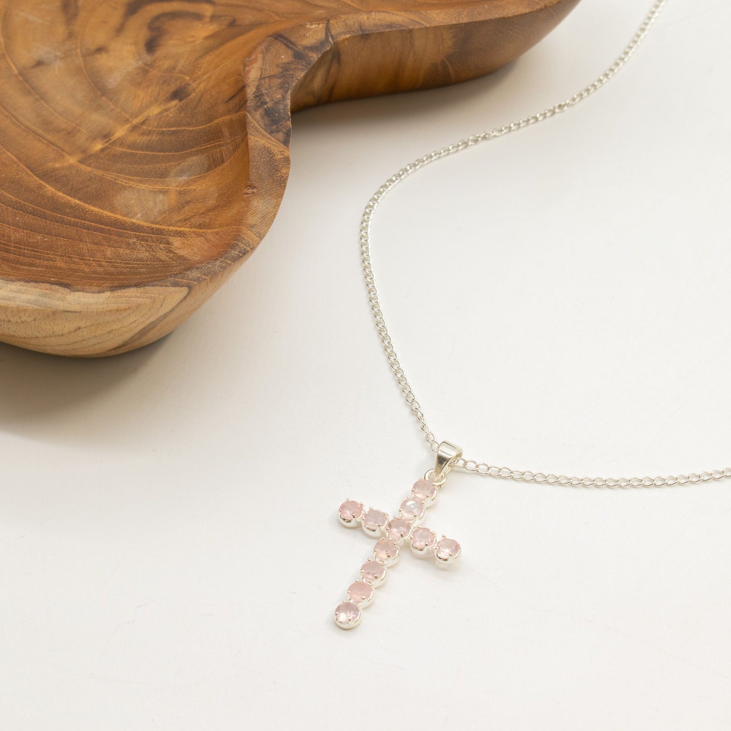 Indian Devotional Pendant - Silver Plated (45cm Chain)- Rose Quartz Crucifix