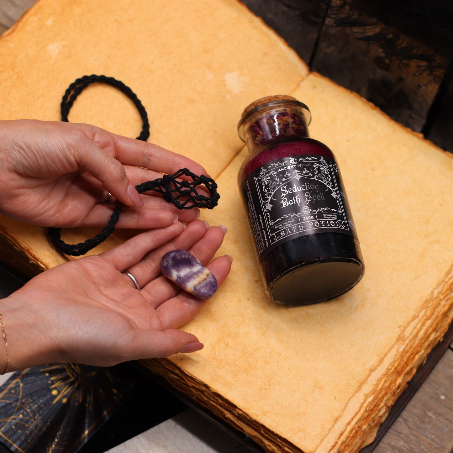 Ancient Witch Bath Spell Potion & Rose Quartz Crystal Amulet - Love