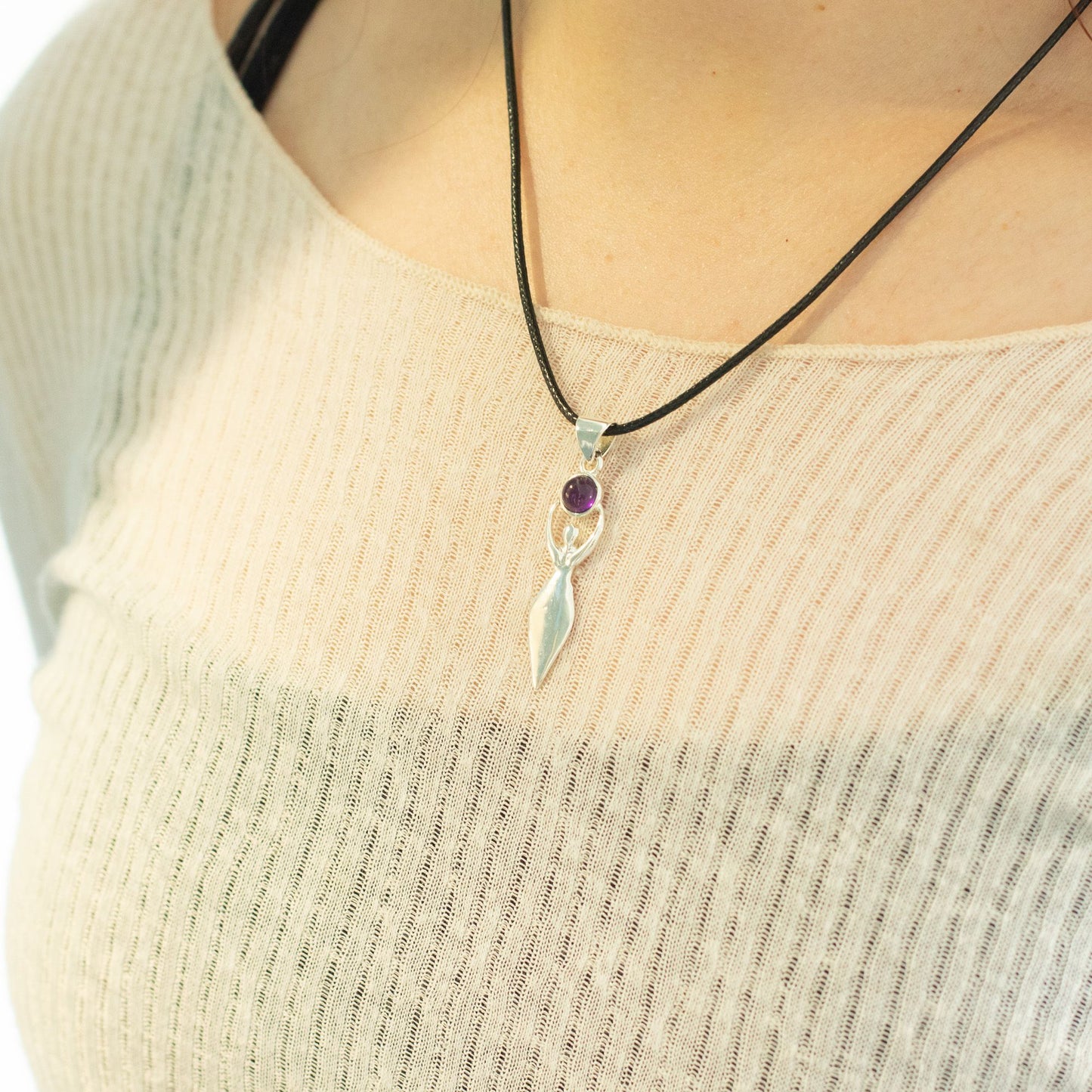 Indian Devotional Pendant - Silver Plated (45cm Cord)- Goddess Amethyst