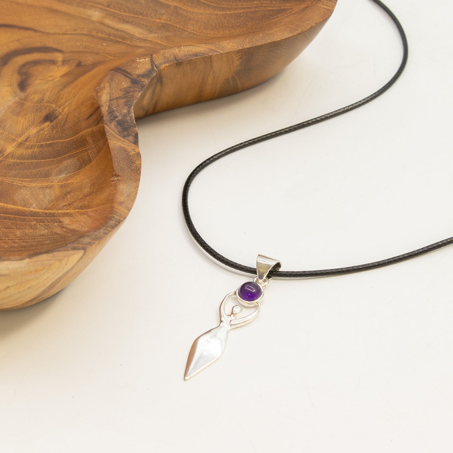 Indian Devotional Pendant - Silver Plated (45cm Cord)- Goddess Amethyst