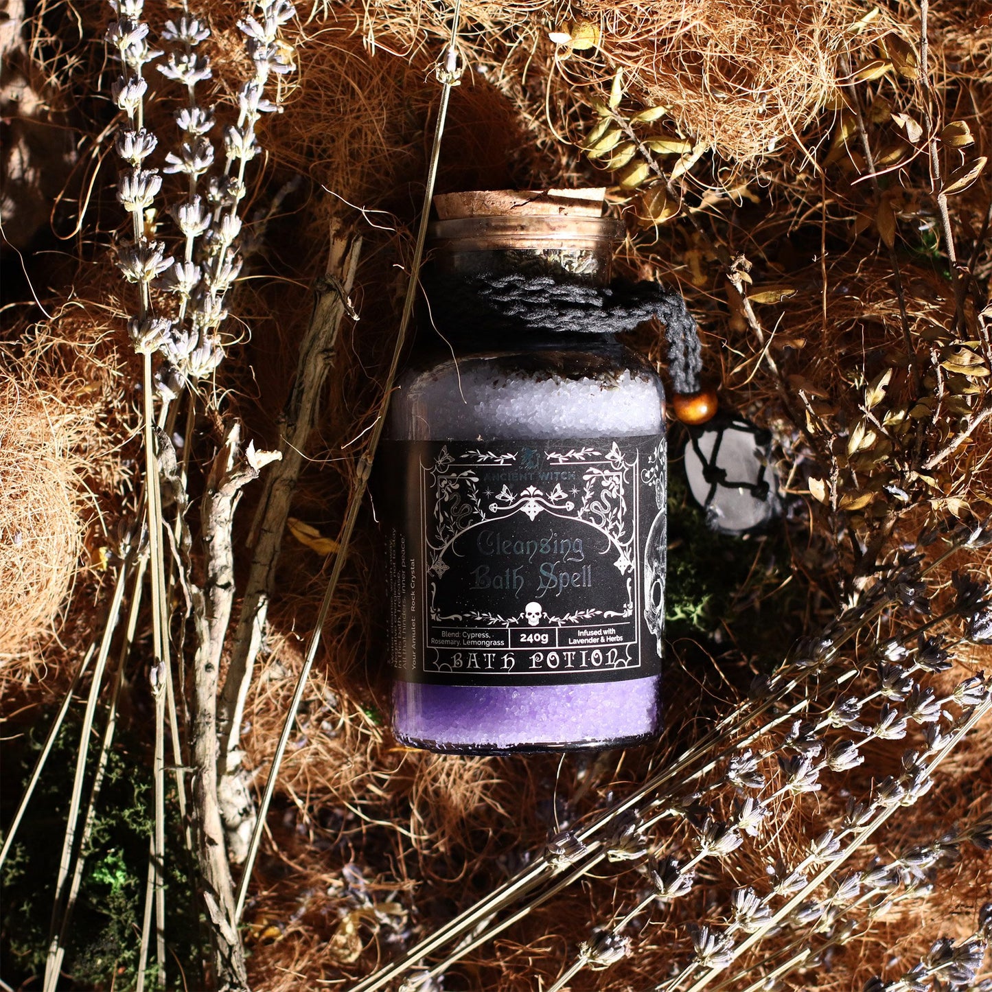 Ancient Witch Bath Spell Potion & Rock Crystal Amulet - Cleansing