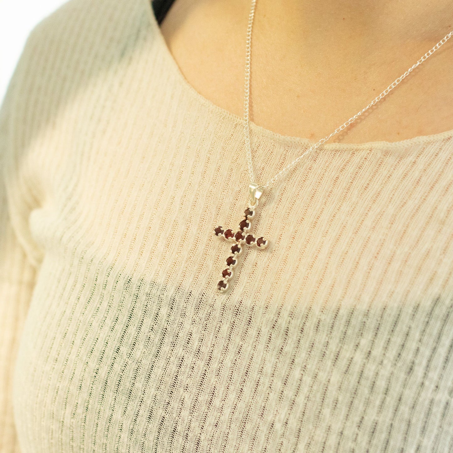 Indian Devotional Pendant - Silver Plated (45cm Chain)- Garnet Crucifix
