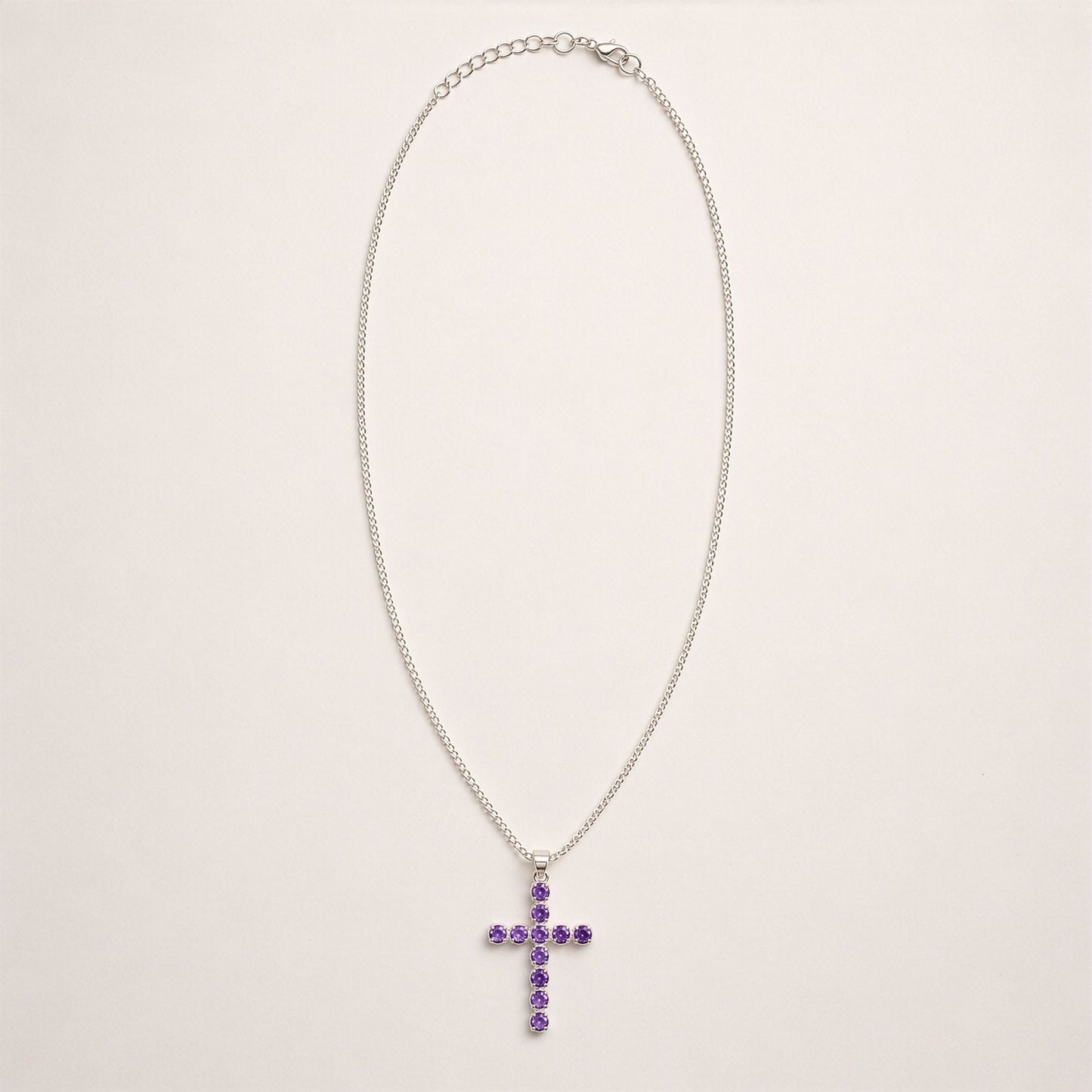 Indian Devotional Pendant - Silver Plated (45cm Chain)- Amethyst Crucifix