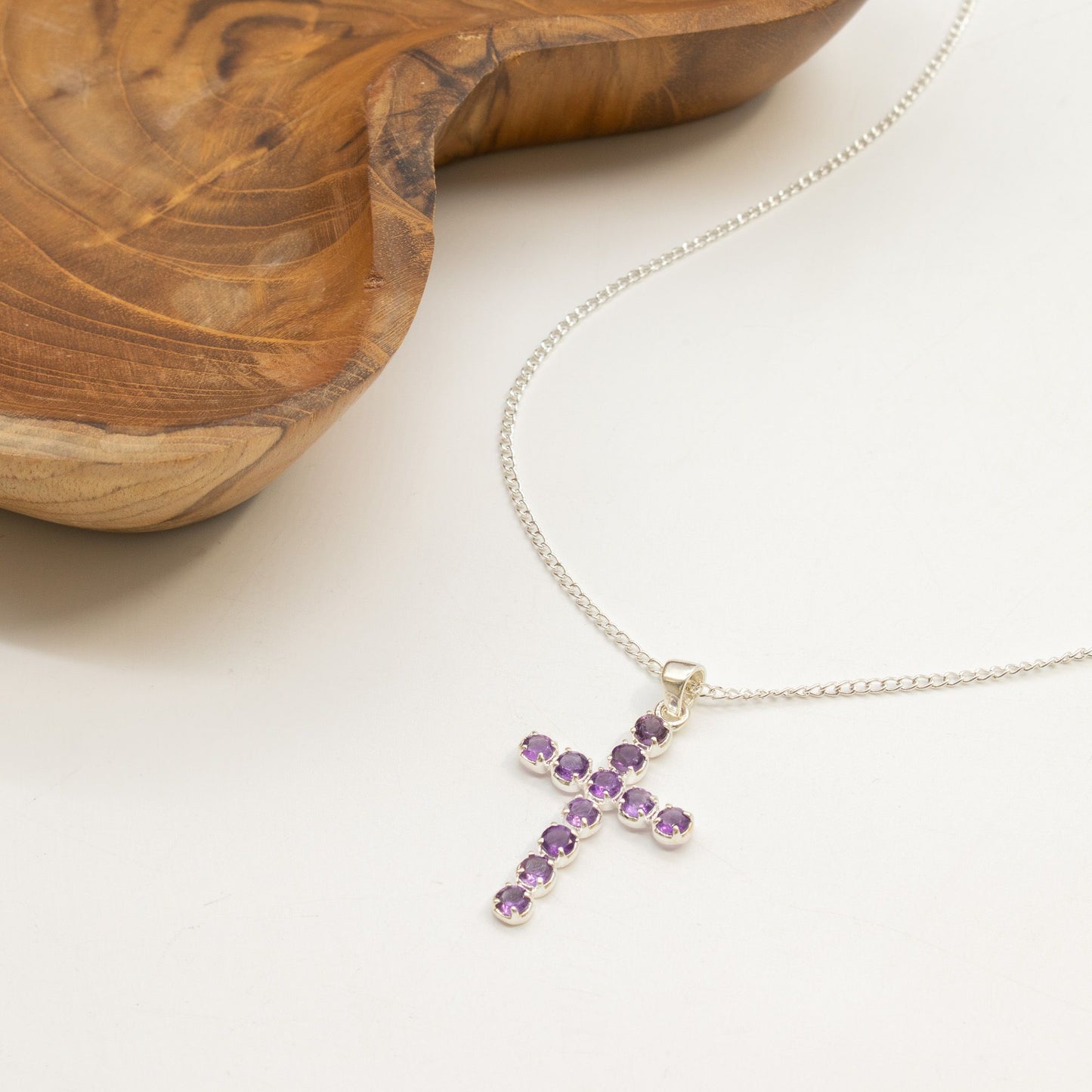 Indian Devotional Pendant - Silver Plated (45cm Chain)- Amethyst Crucifix