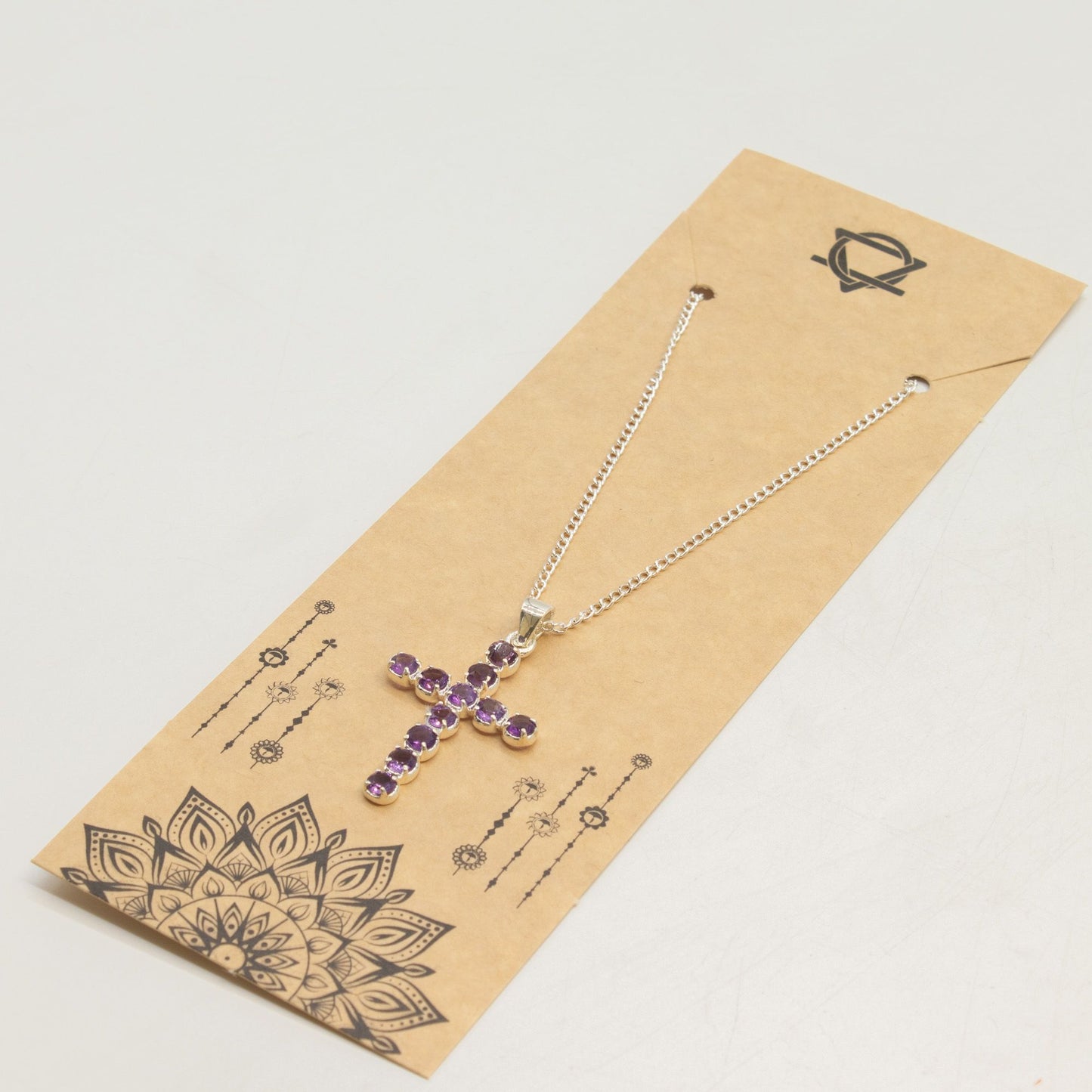 Indian Devotional Pendant - Silver Plated (45cm Chain)- Amethyst Crucifix
